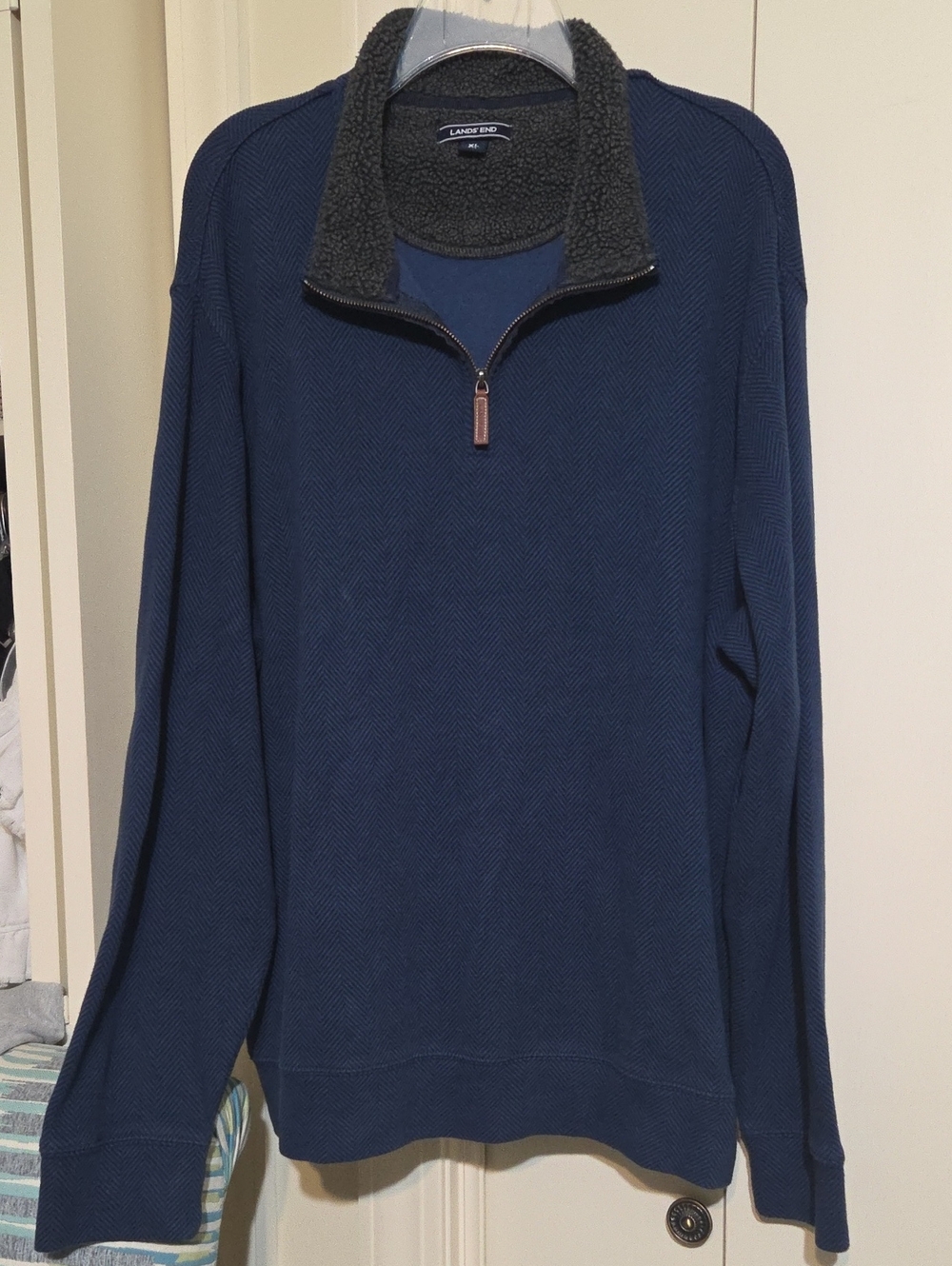 Lands' End Men's Navy Quarter-Zip Sweater with Dark Gray Sherpa Collar